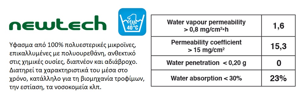 Ύφασμα από 100% πολυεστερικές μικροϊνες, επικαλλυμένες με πολυουρεθάνη, ανθεκτικό στις χημικές ουσίες, διαπνέον και αδιάβροχο. Διατηρεί τα χαρακτηριστικά του μέσα στο χρόνο, κατάλληλο για τη βιομηχανία τροφίμων, την εστίαση, τα νοσοκομεία κλπ.