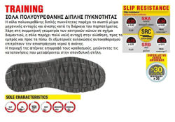 Η σόλα πολυουρεθάνης διπλής πυκνότητας παρέχει το σωστό μίγμα μηχανικής αντοχής και άνεσης κατά τη διάρκεια του περπατήματος. Χάρη στη συμμετρική γεωμετρία των κεντρικών κώνων σε σχήμα διαμαντιού, η σόλα παρέχει πολύ καλή αντοχή στην ολίσθηση, προς τα εμπρός και προς τα πίσω. Οι εξωτερικές αυλακώσεις αυτοκαθαρισμού επιτρέπουν την αποστράγγιση νερού ή σκόνης.  Η περιοχή της φτέρνας απορροφά τους κραδασμούς, μειώνοντας τις καταπονήσεις που μεταφέρονται στην σπονδυλική στήλη.