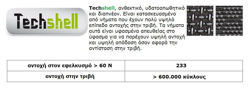 Techshell, ανθεκτικό, υδατοαπωθητικό και διαπνέον. Είναι κατασκευασμένο από νήματα που έχουν πολύ υψηλό επίπεδο αντοχής στην τριβή. Τα νήματα αυτά είναι υφασμένα απευθείας στο ύφασμα για να παρέχουν υψηλή αντοχή και υψηλή απόδοση όσον αφορά την αντίσταση στην τριβή.	